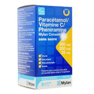 Paracetamol/Vitamine C/Pheniramine Viatris Conseil Sans Sucre 500 Mg/200 Mg/25 Mg Pdr Sol Buv Sachet B/8