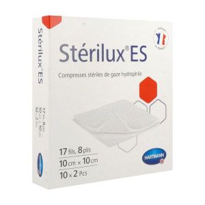 STERILUX ES Compresse de gaze hydrophile, stérile, sachet de 2 compresses, 17 fils, 8 plis, 10 cm x 10 cm, 10 sachets (ref. 241325), bt 20