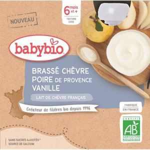 Babybio Gourde Brassé au Lait de Chèvre Poire de Provence Vanille BIO - 6 mois - 4 x 85 g