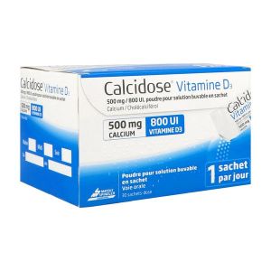 CALCIDOSE VITAMINE D3 Poudre pour solution buvable 500 mg/800 UI, boîte 30 sachets