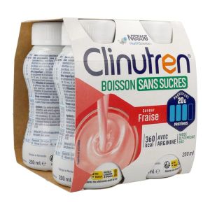 CLINUTREN BOISSON SANS SUCRES Denrée alimentaire destinée à des fins médicales spéciales, saveur fraise, 200 ml x 4