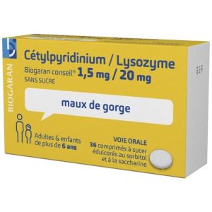 Cetylpyridinium / Lysozyme Biogaran Conseil 1,5 Mg/20 Mg Sans Sucre Comprime A Sucer B/36