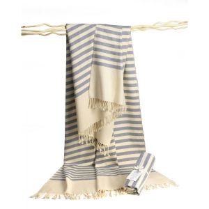 Al Bara Fouta blanche, rayée bleu 100% coton fabriqué de façon artisanal avec un tissage