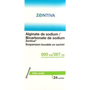 ALGINATE DE SODIUM BICARBONATE DE SODIUM ZENTIVA Suspension buvable 500 mg/267 mg, boîte 24 sachets 10 ml