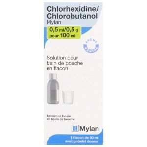 CHLORHEXIDINE CHLOROBUTANOL VIATRIS Solution pour bain de bouche 0,5 ml/0,5 g pour 100 ml, boîte 1 flacon 90 ml avec gobelet doseur
