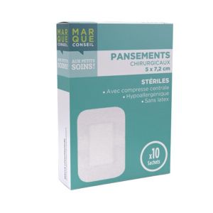 MARQUE CONSEIL PANSEMENTS CHIRURGICAUX STERILES Pansement chirurgical adhésif 4 côtés, absorbant, stérile, 5 cm x 7 cm, bt 10