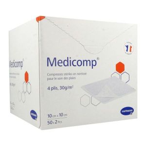 MEDICOMP STERILE Compresse en non tissé, stérile, 4 plis, pochette de 2 compresses, 10 cm x 10 cm (ref. 411142), bt 50 sachets
