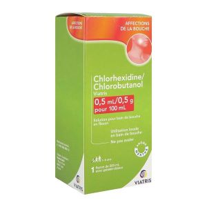 CHLORHEXIDINE CHLOROBUTANOL VIATRIS Solution pour bain de bouche 0,5 ml/0,5 g pour 100 ml, boîte 1 flacon 200 ml avec gobelet doseur