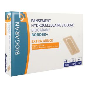 BIOGARAN BORDER + EXTRA MINCE Pansement hydrocellulaire siliconé, absorbant, bord adhésif, 9 cm x 15 cm, bt 10