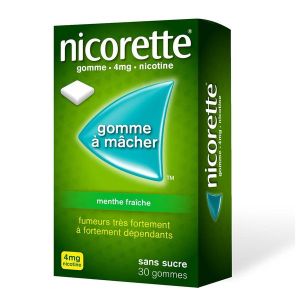 NICORETTE MENTHE FRAÎCHE SANS SUCRE Gomme à mâcher médicamenteuse 4 mg, boîte 30
