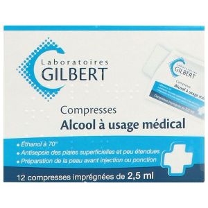 ALCOOL A USAGE MEDICAL GILBERT Compresse imprégnée 2,5 ml, boîte 12 sachets 1 compresse imprégnée à 2,5 ml