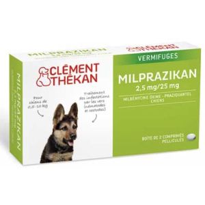 MILPRAZIKAN CHIEN 2,5 MG/25 MG CLEMENT THEKAN Comprimé pelliculé sécable, antiparasitaire, endectocide, chiot et petit chien, bt 2