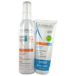 A-Derma Protect Spray Très Haute Protection SPF50+ 200 ml + AH Lait Réparateur Après-Soleil 100 ml Offert