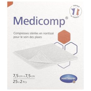 MEDICOMP STERILE Compresse en non tissé, stérile, 4 plis, pochette de 2 compresses, 7,5 cm x 7,5 cm (ref. 411241), bt 25 sachets