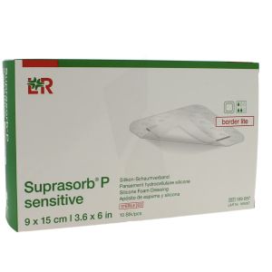 SUPRASORB P SENSIFLEX BORDER LITE Pansement hydrocellulaire siliconé, stérile, bord adhésif, 9 cm x 15 cm (ref. 401123), bt 10