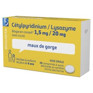 CETYLPYRIDINIUM LYSOZYME BIOGARAN CONSEIL SANS SUCRE Comprimé à sucer 1,5 mg/20 mg, boîte 2 tubes 18