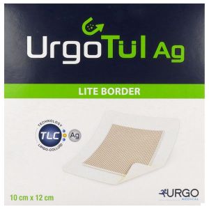 URGOTUL AG LITE BORDER Interface lipido-colloïde adhésive et absorbante, imprégnée de sels d'argent, 10 cm x 12 cm (ref. 504936), bt 10