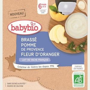 Babybio - Gourde Brassé au lait de vache Pomme de Provence Fleur d'Oranger BIO - 6 mois - 4 x 85 g