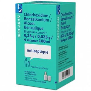 Chlorhexidine/Benzalkonium/Alcool Benzylique Biogaran Conseil 0,25 G/ 0,025 G/ 4 Ml Pour 100 Ml Solution Locale B/50