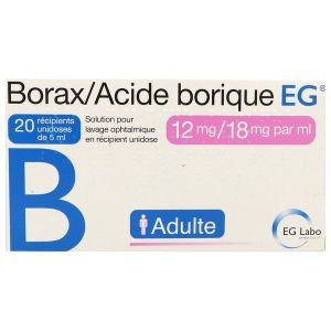 BORAX ACIDE BORIQUE EG Solution pour lavage ophtalmique 12 mg/18 mg/ml, boîte 20 récipients unidoses 5 ml