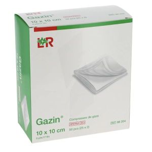 GAZIN Compresse de gaze hydrophile, stérile, pliage carré, 10 cm x 10 cm, 25 sachets (ref. L9212), bt 50