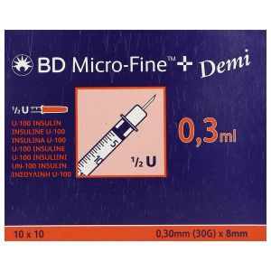 BD MICRO - FINE + Seringue 3 pièces à insuline de 0,3 ml, aiguille sertie Micro-fine +, 100 UI/ml, 0,30 mm x 8 mm, bt 100
