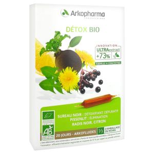 ARKOFLUIDES DETOX BIO RADIS NOIR, SUREAU NOIR, PISENLIT, CITRON BOITE DE 20 AMPOULES