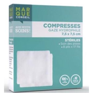 MARQUE CONSEIL COMPRESSE GAZE Compresse de gaze hydrophile stérile 100 % coton, 7,5 cm x 7,5 cm, sachet 2, 50 sachets, bt 100