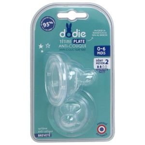 DODIE SENSATION PLUS TETINE DEBIT 2 Tétine plate, col large, silicone, pour biberon Dodie Sensation +, 0 - 6 mois, blister 2