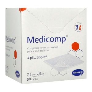MEDICOMP STERILE Compresse en non tissé, stérile, 4 plis, pochette de 2 compresses, 7,5 cm x 7,5 cm (ref. 411141), bt 50 sachets