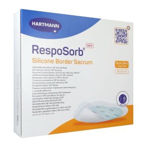 RESPOSORB SILICONE BORDER SACRUM Pansement hydrocellulaire, interface siliconée et bords adhésifs, région sacrée, 18 cm x 18 cm, bt 10