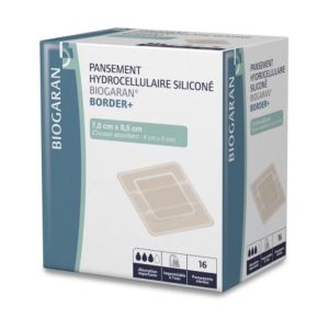BIOGARAN BORDER + Pansement hydrocellulaire siliconé, bord adhésif, absorption importante, 10 cm x 10 cm, bt 10