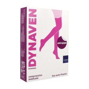 DYNAVEN 2 SEMIOPAQUE Bas cuisse médical de compression autofixant classe 2, pour femme, noir, long, large (ref. 303575), paire