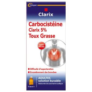 CARBOCISTEINE CLARIX ADULTE SANS SUCRE Solution buvable édulcorée à la saccharine sodique 5 %, flacon 250 ml avec cuillère-mesure 5 ml