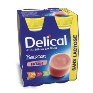 DELICAL SANS LACTOSE EFFIMAX 2.0 FIBRES BOISSON HP HC Denrée alimentaire destinée à des fins médicales spéciales, saveur fraise, 200 ml x 4