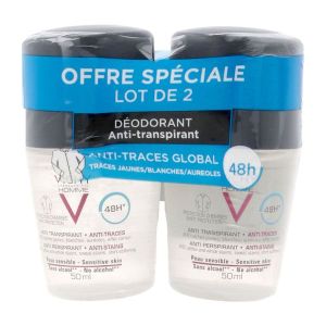 VICHY HOMME DEODORANT PROTECTION CHEMISES Roll'on déodorant antitranspirant, antitrace 48 H, fl 50 ml x 2