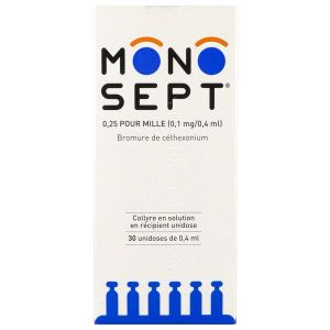 MONOSEPT 0,25 POUR MILLE Collyre en solution en récipient unidose 0,1 mg/0,4 ml, boîte 30 récipients unidoses 0,4 ml