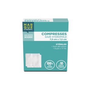 MARQUE CONSEIL COMPRESSE GAZE Compresse de gaze hydrophile stérile 100 % coton, 7,5 cm x 7,5 cm, sachet 2, 10 sachets, bt 20