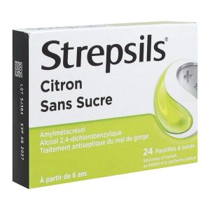 Strepsils Citron Sans Sucre Pastille Edulcoree A L'Isomalt Au Maltitol Et A La Saccharine Sodique B/24