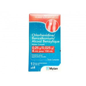 Chlorhexidine/Benzalkonium/Alcool Benzylique Viatris Conseil 0,25 G/0,025 G/4 Ml Pour 100 Ml Sol App Locale B/50