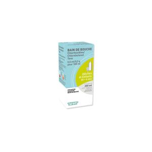 CHLORHEXIDINE CHLOROBUTANOL TEVA Solution pour bain de bouche 0,5 ml/0,5 g pour 100 ml, boîte 1 flacon 200 ml avec gobelet doseur