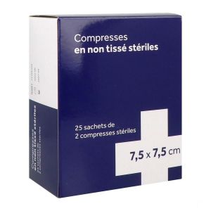 Raffin Medical Compresse En Non Tisse Sterile 7,5Cm X 7,5Cm 4 Plis - 25 Sachets De 2 Compresses Boite 3010*10 G
