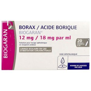 BORAX ACIDE BORIQUE BIOGARAN Solution pour lavage ophtalmique 12 mg / 18 mg/ml, boîte 20 unidoses 5 ml