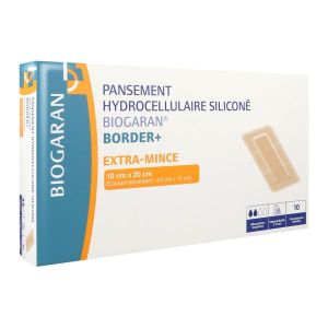 BIOGARAN BORDER + EXTRA MINCE Pansement hydrocellulaire siliconé, absorbant, bord adhésif, 10 cm x 20 cm, bt 10