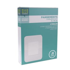 MARQUE CONSEIL PANSEMENTS CHIRURGICAUX STERILES Pansement chirurgical adhésif 4 côtés, absorbant, stérile, 8 cm x 10 cm, bt 10