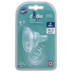 DODIE SENSATION PLUS TETINE DEBIT 3 Tétine plate, col large, silicone, pour biberon Dodie Sensation +, + 6 mois, blister 2