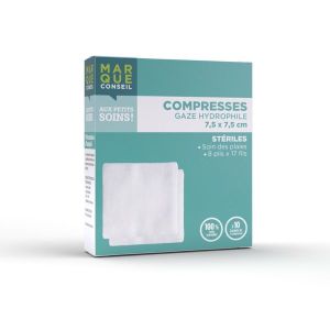 MARQUE CONSEIL COMPRESSE GAZE Compresse de gaze hydrophile stérile 100 % coton, 7,5 cm x 7,5 cm, sachet 2, 10 sachets, bt 20