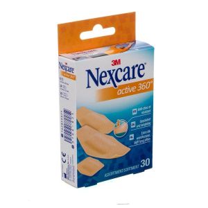NEXCARE ACTIVE 360° Pansement prédécoupé, adhésif 4 côtés, antichoc, sans latex, assortis, bt 30