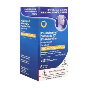 Paracetamol/Vitamine C/Pheniramine Viatris Conseil Sans Sucre 500 Mg/200 Mg/25 Mg Pdr Sol Buv Sachet B/8