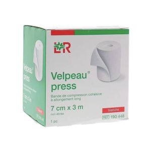 VELPEAU PRESS Bande de compression cohésive, allongement long, force 1, 20 cN/cm à 45 cN/cm, blanc, 3 m X 7 cm (ref. 190448), unité